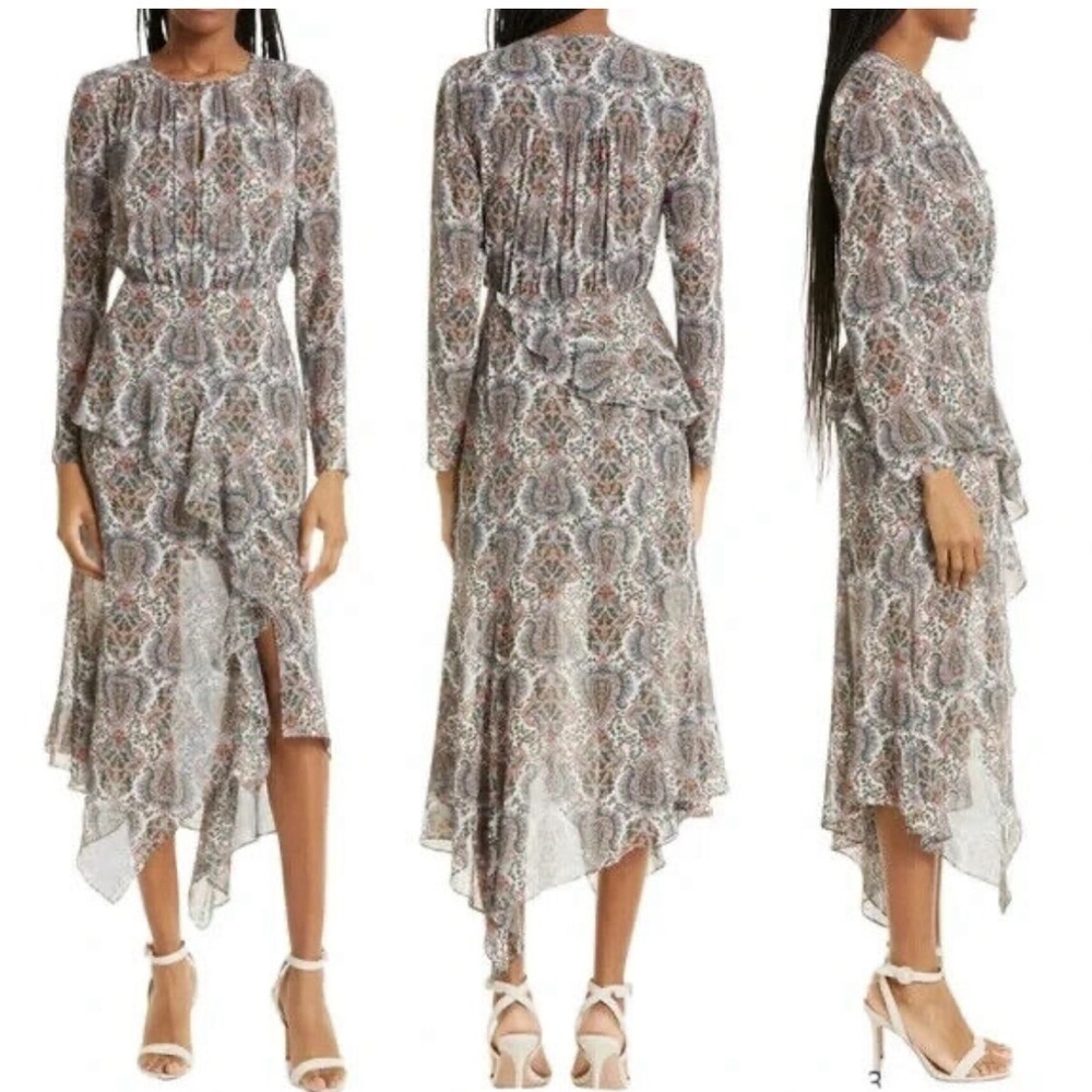 VERONICA BEARD SAZAN LONG SLEEVE HANDKERCHIEF HEM PAISLEY DRESS ECRU MULTI SZ 10
